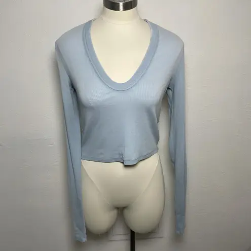 Cotton Citizen Ribbed Scoop Neck Long Sleeve Crop Top Blue L NWT Revolve