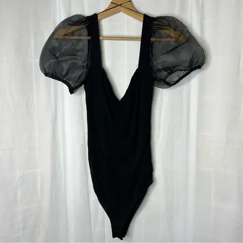 ZARA organza Puff sleeve ribbed ruched bodysuit Black medium