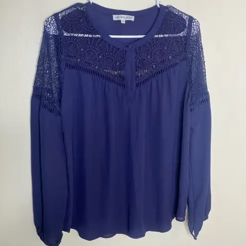 Heartloom Navy Blue Long Sleeve Blouse Cutout Pattern Size Medium