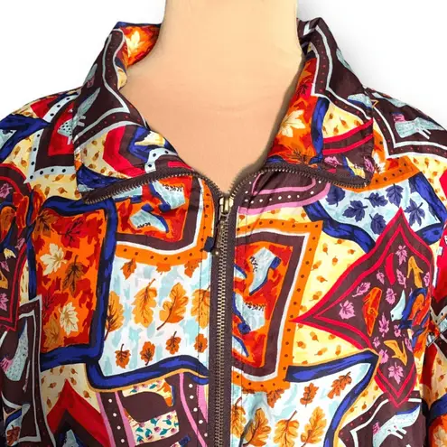 Vintage 90s EVR Silk Bomber Jacket XL Abstract Shoe Print Fall Leaves Colorful Red