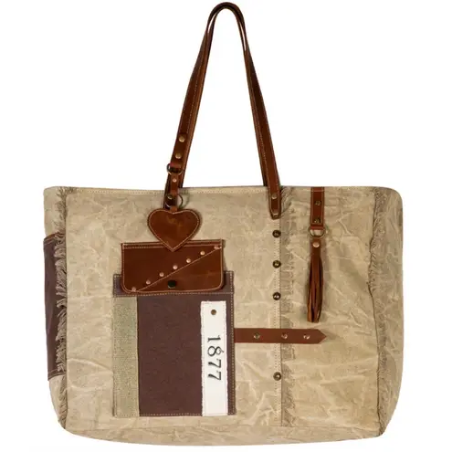 NWT Boutique Boho Yesteryear Vintage Style Leather and Canvas Tote Bag Brown