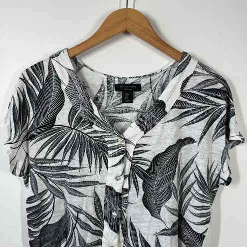 Tahari Women L 100% Linen Top Black White Leaf Button Up Crop Tropical Beach