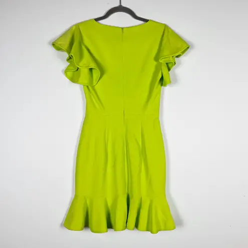 Black Halo Lynn Scoop Neck Ruffle Short Sleeve Fluted Cocktail Dress Lime Green