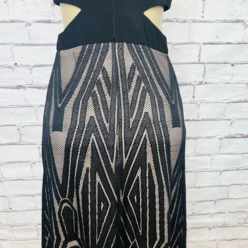 XScape  Womens Black Sleeveless Geometric Plunging Fit & Flare Dress Size 8