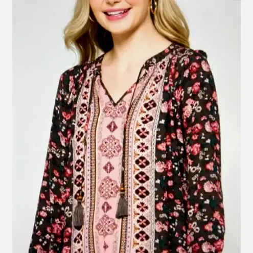 Mason & Belle Casey Tassel Detail Blouse Gray/Pink size S