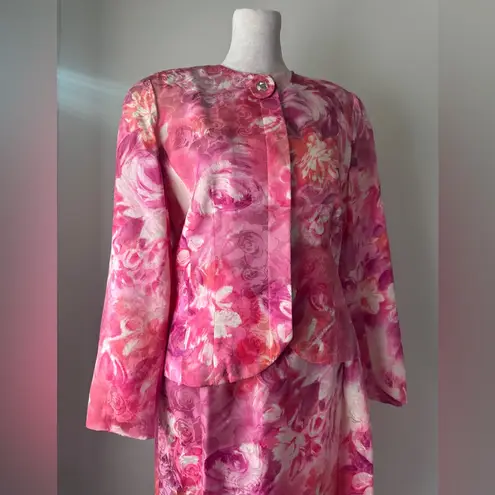 Vintage ‘90s Anne Crimmins for Umi Collections 100% Silk Floral Print Skirt Suit Pink Size 8