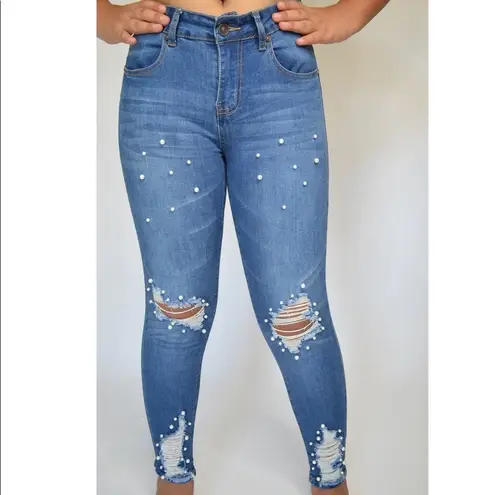 Casual Ankle Skinny Pearled Distressed Blue Jeans Size 5