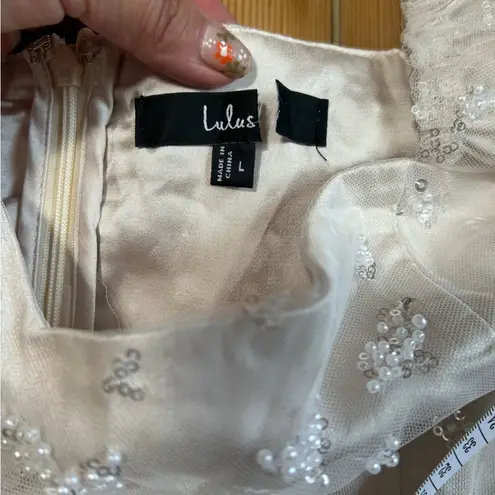 NWT Glorious Poise Ivory Sequin Pearl Puff Sleeve Midi Dress White Size L