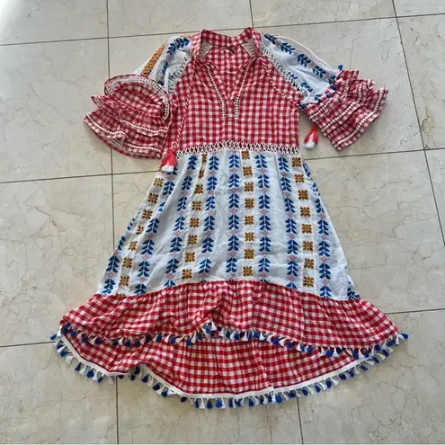 DODO BAR OR Like New Checkered Tassel Maxi Highlow Dress Sz Small Red