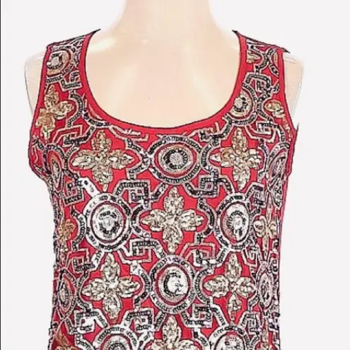 Buttons sequin, scoop neck, sleeveless, red shift dress.