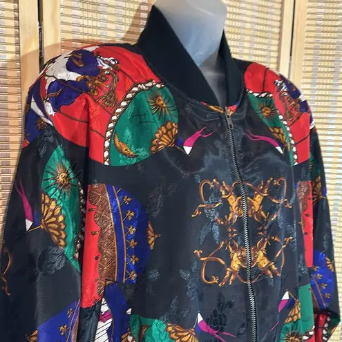 Linda Collection Late 80s Early 90s Black Scarf Print Windbreaker Jacket Large