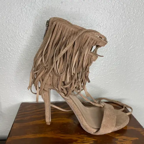 breckelle's Tan Roma-63 Suede Peep Toe Fringe Gilly Tie Stiletto Zip Heel 7