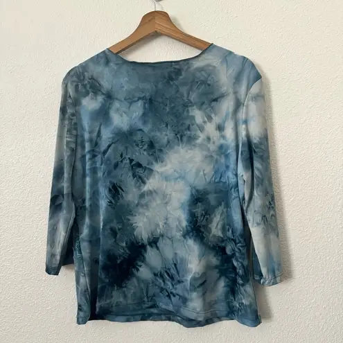 Dress Barn  Womens Y2K Fairycore V Cut 3/4 Sleeves Tie Dye Blouse Top Blue XL