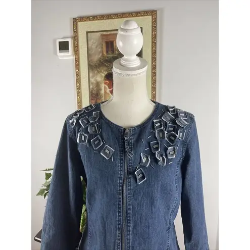 Ruby Rd  Blazer Womens 8 Zipper Front Blue 3/4 Sleeve Embellished Denim Fabric