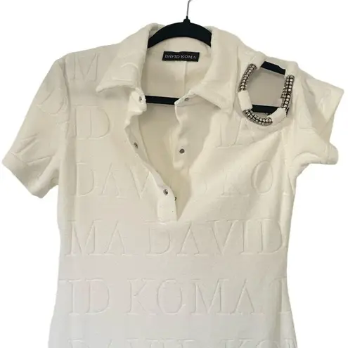 David Koma Crystal Embellished DK Intarsia Terry Logo Midi Dress White Size US 6