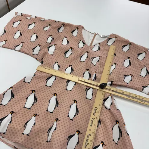 Eshakti Blouse Womens Size 0 Penguin Print Top Beige Pink Wide Sleeve