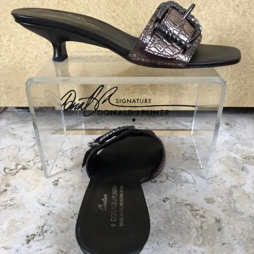 Donald Pliner Expreso Pewter Metallic Gator Leather Sandal Slide Shoe Buckle 7.5 Brown