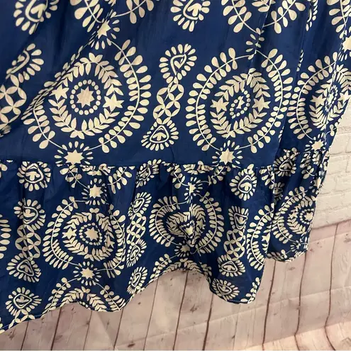 Saiph Cotton Bell Sleeve Santorini tiered Mini Dress crochet detail preppy MED Blue