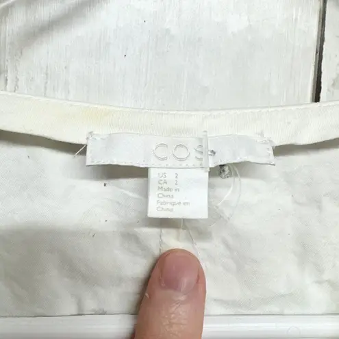 COS Shirt Women Size 2 White Cotton Linen V-Neck 3/4 Tie Sleeve Tunic Blouse