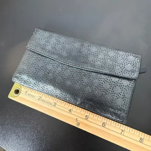 Lodis Perforated Trifold Flap Wallet Black Leather Card ID Holder Womens