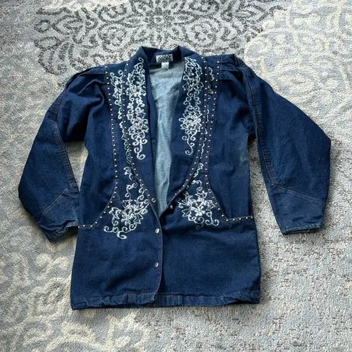 Vintage Pretty Bleu Denim Embroidered Studded Jacket Blue Large