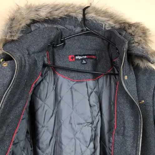 Alpine Swiss Women’s Gray Wool Blend Detachable Faux Fur Trim Hood Jacket Size XL
