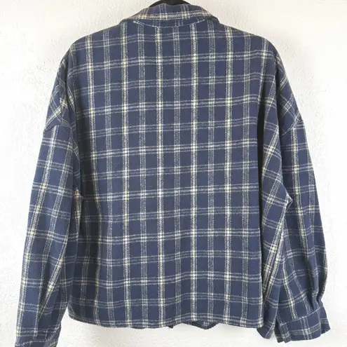 Boxy Plaid Flannel Shacket Cozy Oversized Button Up Jacket Navy Blue Size M