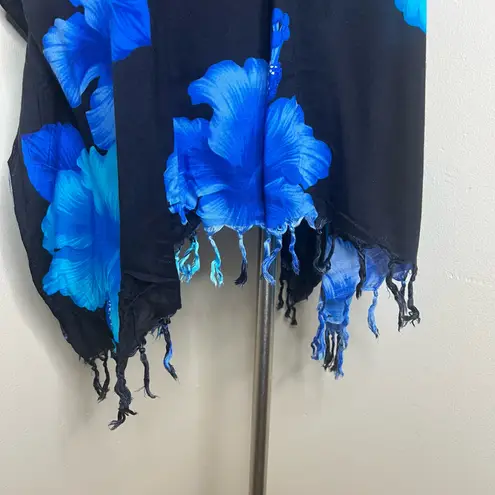 Floral Poncho ONE SIZE Black Blue Tropical Fringe Tassel Vacation Resort Cruise