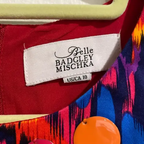 Badgley Mischka Belle Red Ikat Midi Sheath Dress with Enamel Bead Work at Chest