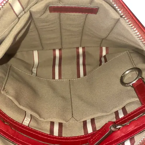 BALLY Red Leather Top Zip Crossbody Shoulder Bag w/ Red White Striped Strap EUC