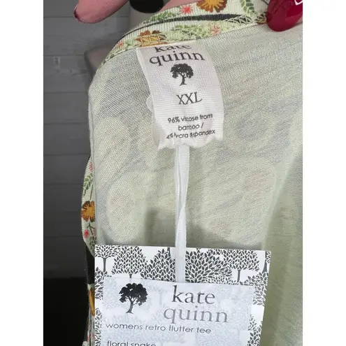 Kate Quinn floral snake retro flutter tunic top Women's size XXL Green