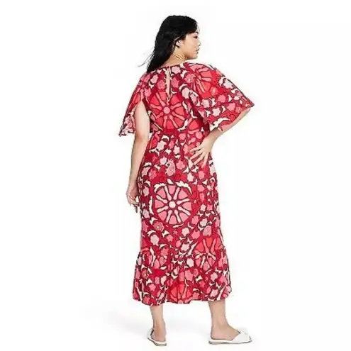 RHODE x Target Women's Linen Blend Floral Bell Sleeve Midi Dress Red Size 28