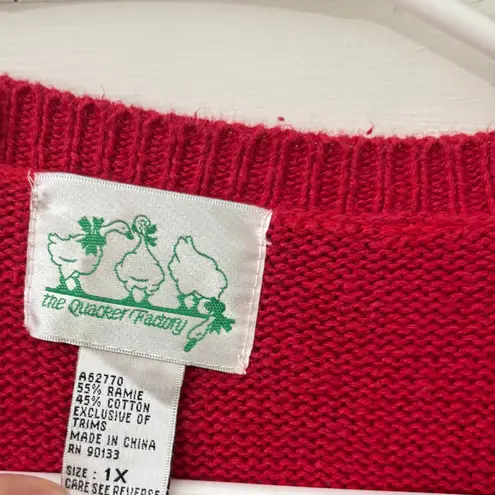 Quacker Factory Christmas Applique Embroidered Sweater Cardigan Red Santa 1X