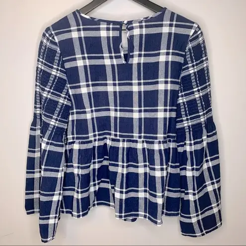 Caslon Plaid Smocked Peplum Bell Sleeve Top Size M