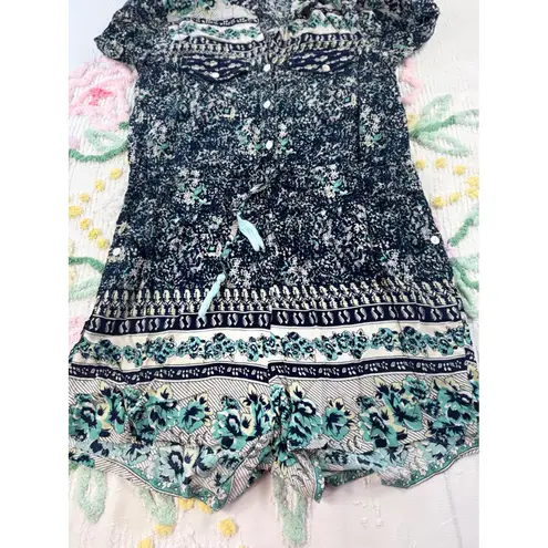 AMOR MIA 100 Cotton Floral Print Drawstring Romper Women's Navy Teal Black Size 10