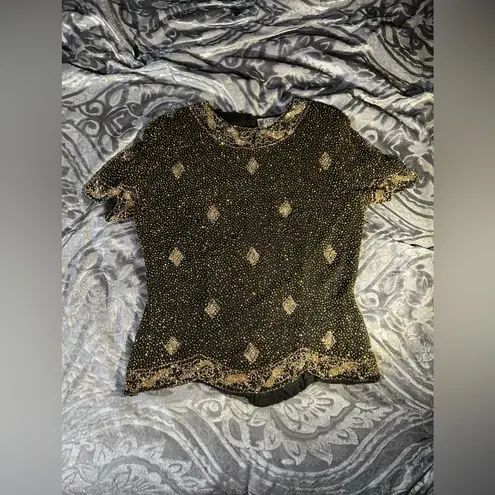 Oleg Cassini Vintage Black Tie Beaded Silk Small/Medium Top