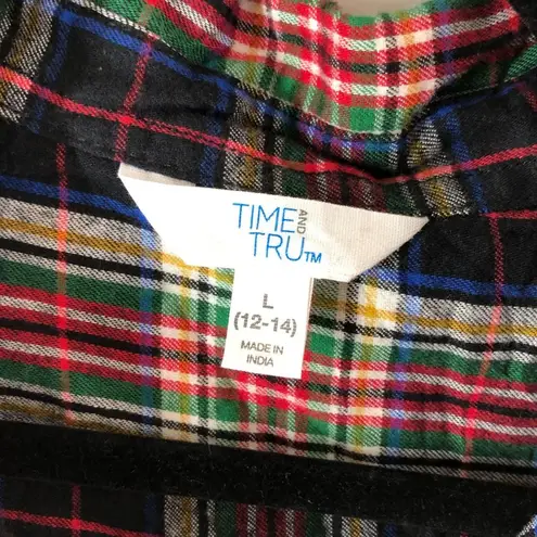 Time And Tru Womens Flannel Shirt Cotton Button Down Pocket Plaid Red Black L