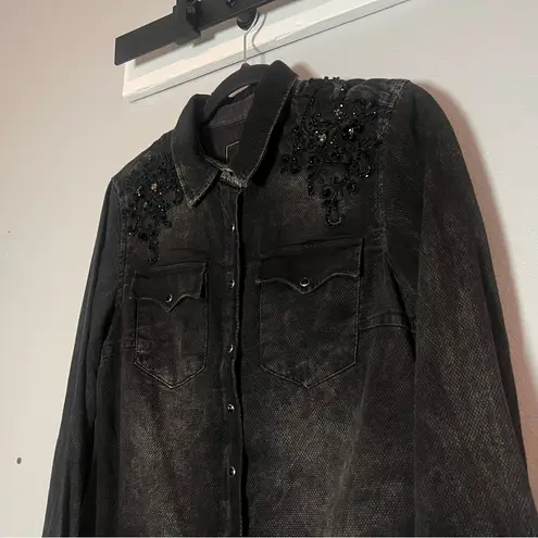 Black Denim Look Mini Dress Embellished Beaded Button Front Lace Size Medium