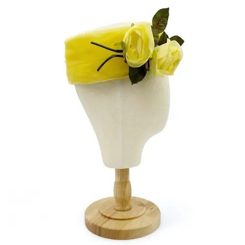 Vintage 1950s Lemon Yellow Pillbox Hat with Roses & Tulle Netting Union Made USA