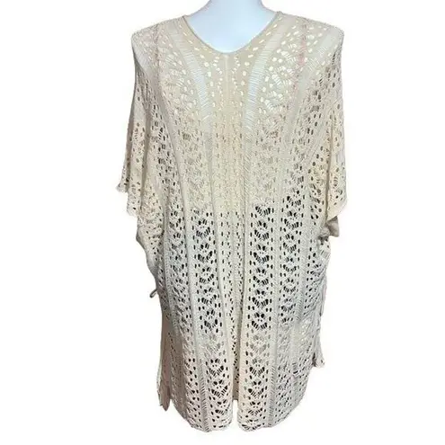 Boutique Womens Lacey Knit Crocheted Pullover Poncho Sweater Coverup Tan OS