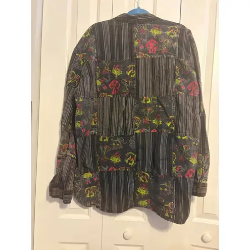 EzHippie Patchwork Elephant Print Tunic Shirt Long Sleeve Button Up XXL Nepal Black