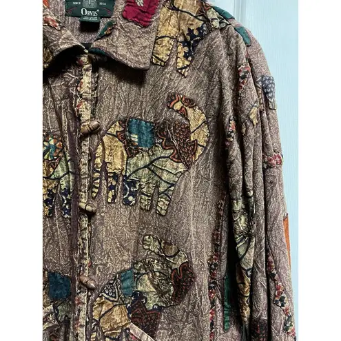 Orvis 026-004 Vintage Jacket Womens S Brown Elephant Applique Art To Wear Toggle