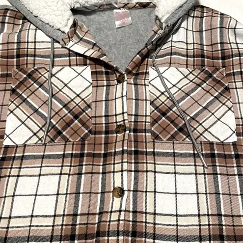 No Boundaries - Grey & Brown Plaid Button Down Sherpa Lined Hoodie Size L (11-13)