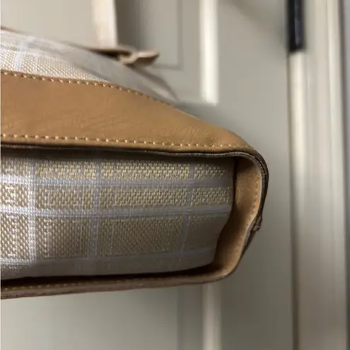 Max Mara Beige Tan Leather Canvas Shoulder Bag Stripe Checkered