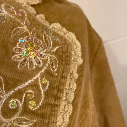 Misha Y2K Vintage Tan Corduroy Floral Embroidered Sequin Blazer Jacket Size XL