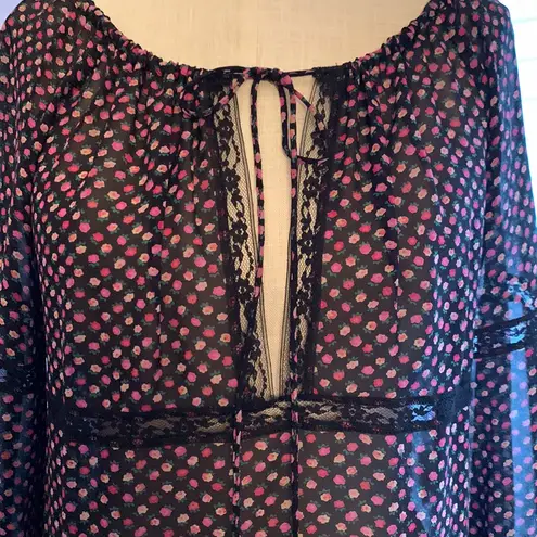 Karen Kane black pink silk floral sheer peasant tunic blouse with bell sleeves S