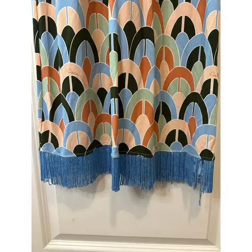 Cara Cara Multicolor Geometric Print Midi Dress with Blue Fringe Hem Size Small