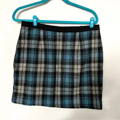 Double Zero  Black Gray Navy Blue Plaid Wool Mini Skirt Size L Fall Winter