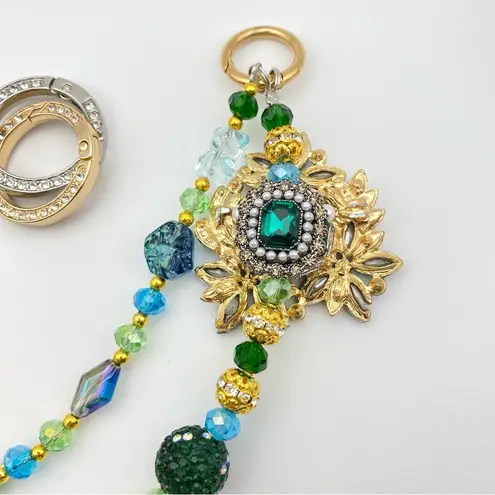 Handmade 💚Luxury Bag/Phone Chain Charm/Keychain Emerald Green Flowers Bling Crystal Beads