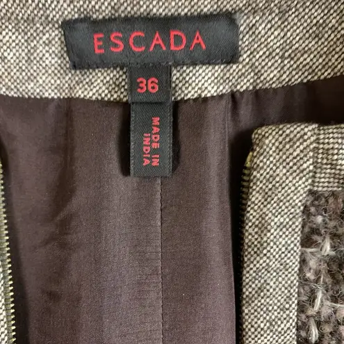 Escada Sequin Tweed Zip Front Dress 36 Sleeveless Alpaca Wool Designer Chic Brown